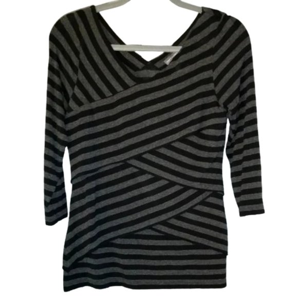 Vince Camuto Striped V Neck Wrap Bandage Top Stretchy Grey Black Gray Striped M - Picture 5 of 11